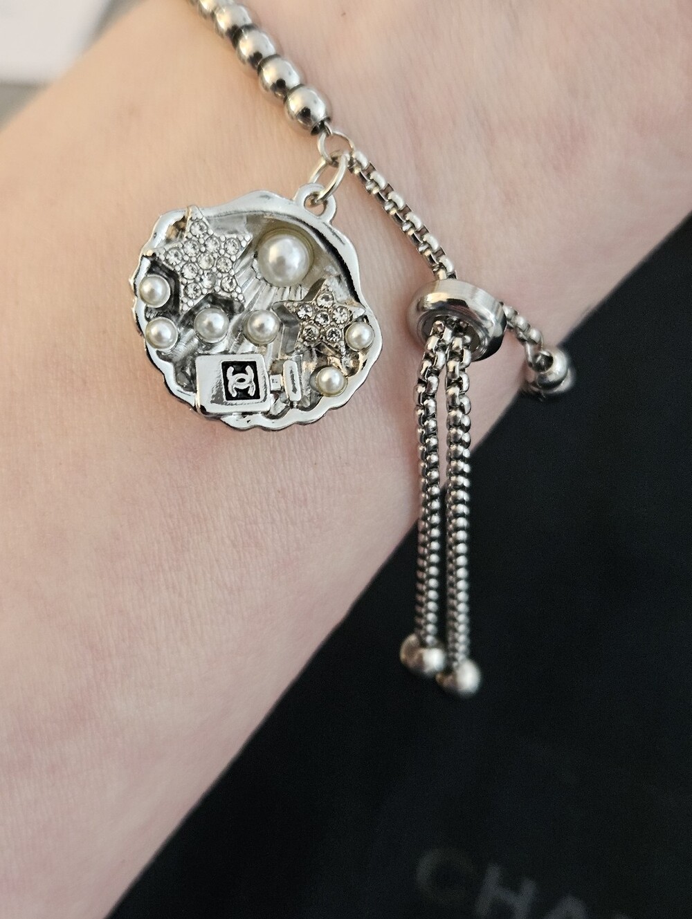 Hand Assembled Stainless Steel Slider Bracelet + CC Pearl Seashell Charm OOAK